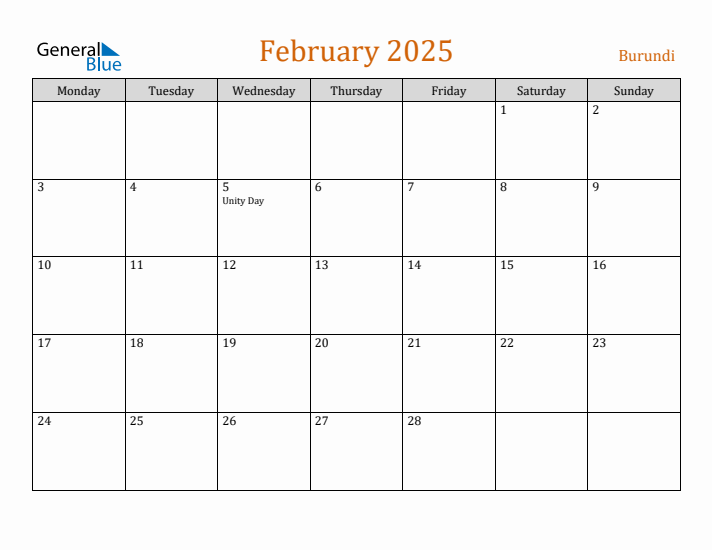 February 2025 Holiday Calendar with Monday Start