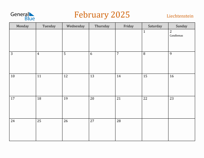 February 2025 Holiday Calendar with Monday Start