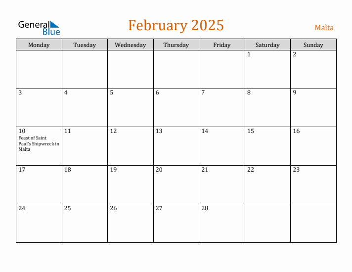 February 2025 Holiday Calendar with Monday Start