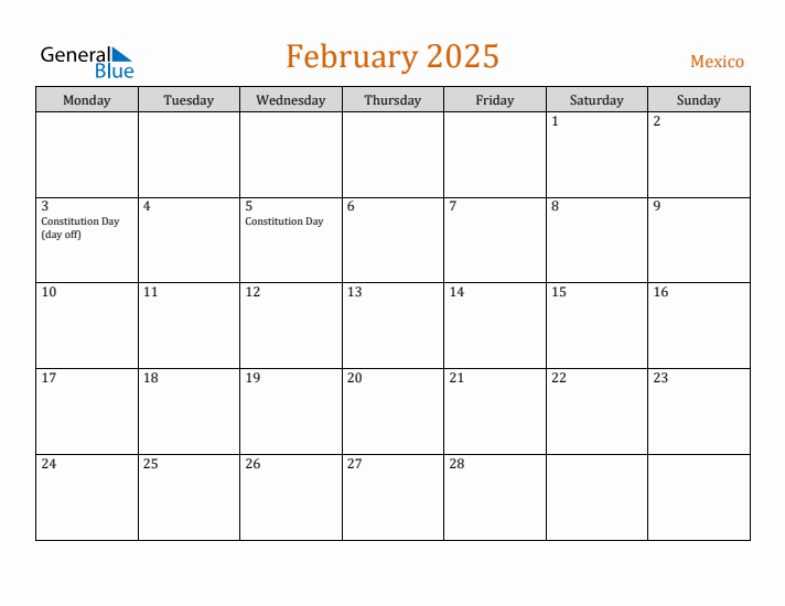 February 2025 Holiday Calendar with Monday Start