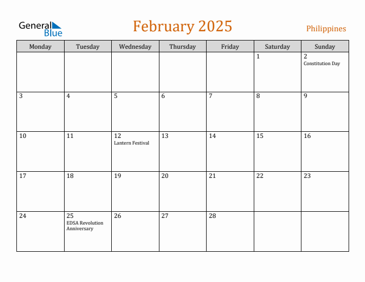 February 2025 Holiday Calendar with Monday Start