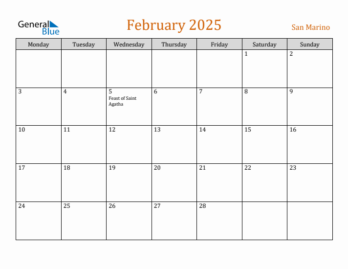 February 2025 Holiday Calendar with Monday Start