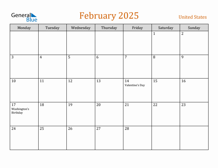 February 2025 Holiday Calendar with Monday Start