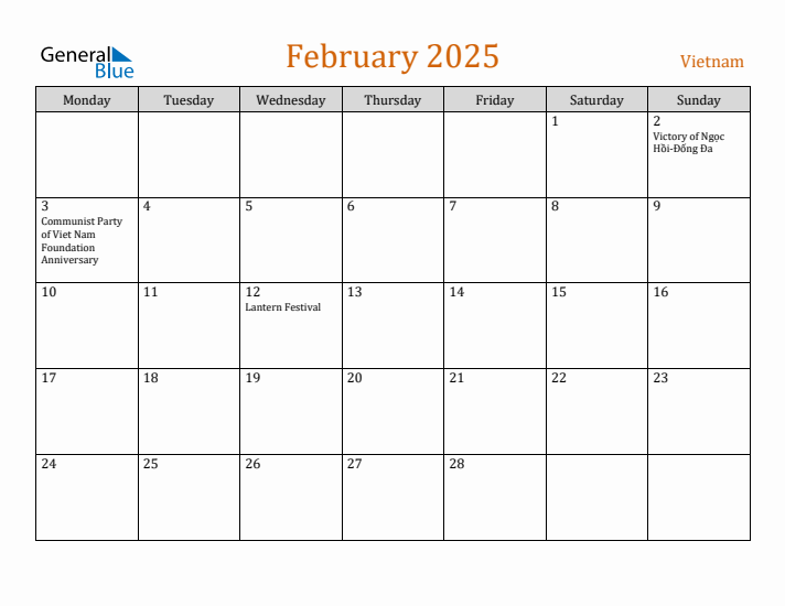 February 2025 Holiday Calendar with Monday Start