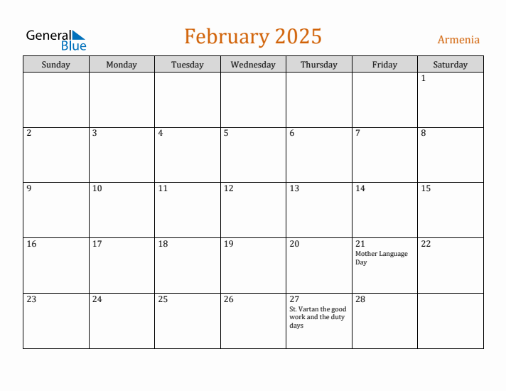 February 2025 Holiday Calendar with Sunday Start