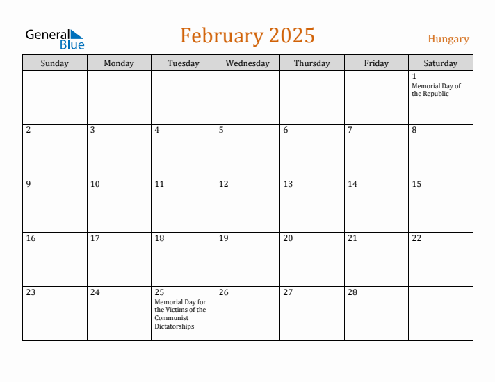 February 2025 Holiday Calendar with Sunday Start