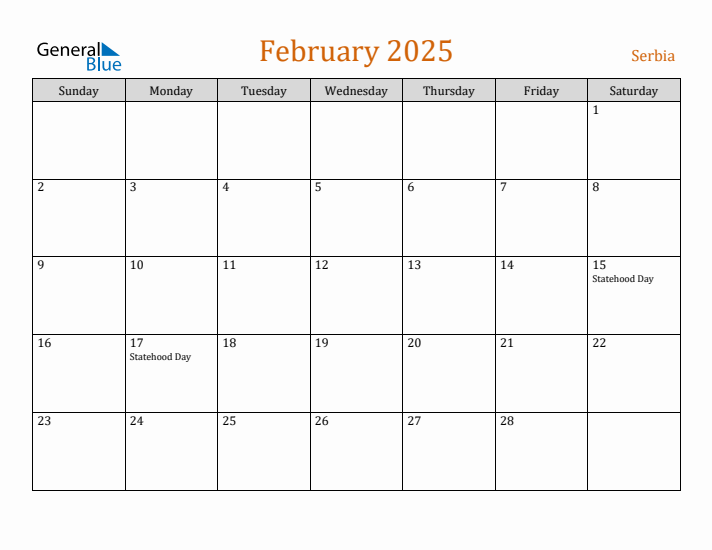 February 2025 Holiday Calendar with Sunday Start