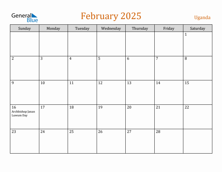 February 2025 Holiday Calendar with Sunday Start