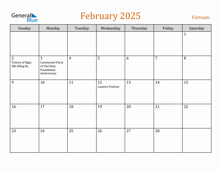 February 2025 Holiday Calendar with Sunday Start