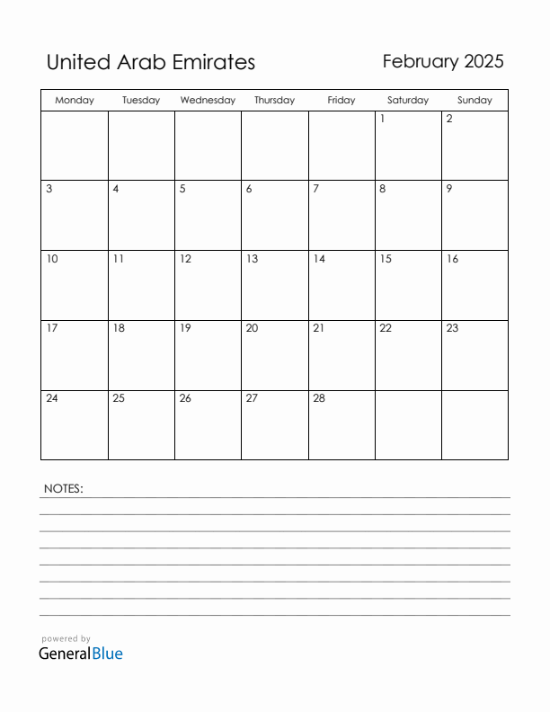 February 2025 United Arab Emirates Calendar with Holidays (Monday Start)