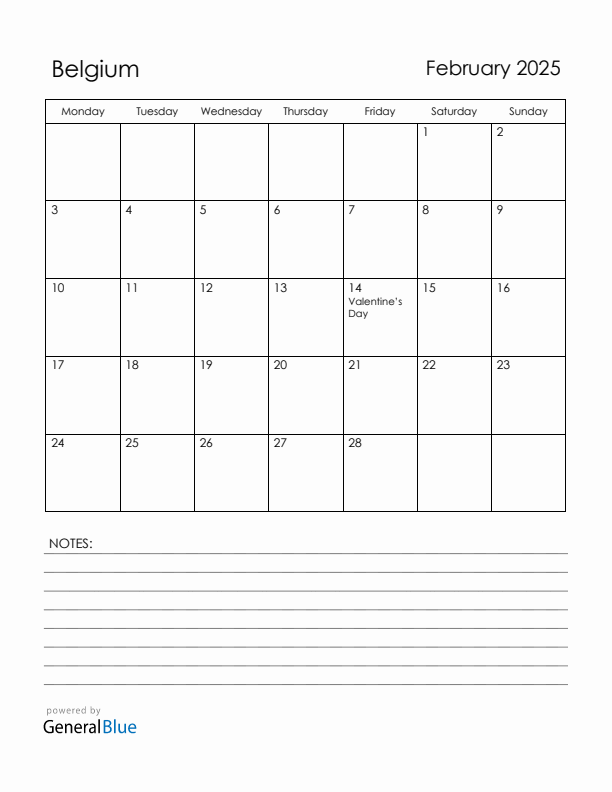 February 2025 Belgium Calendar with Holidays (Monday Start)