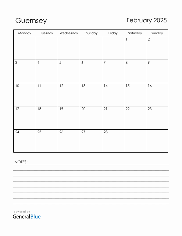 February 2025 Guernsey Calendar with Holidays (Monday Start)