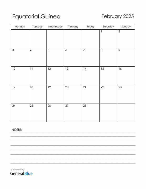 February 2025 Equatorial Guinea Calendar with Holidays (Monday Start)