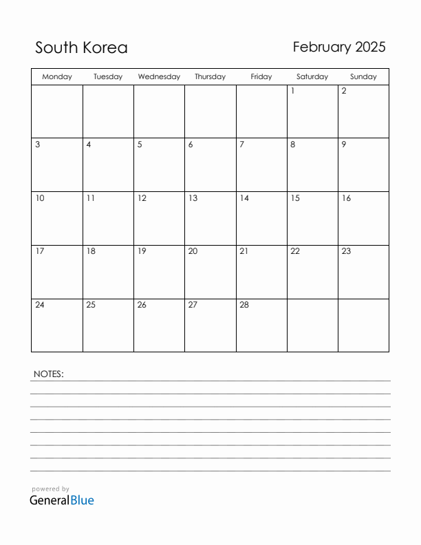 February 2025 South Korea Calendar with Holidays (Monday Start)