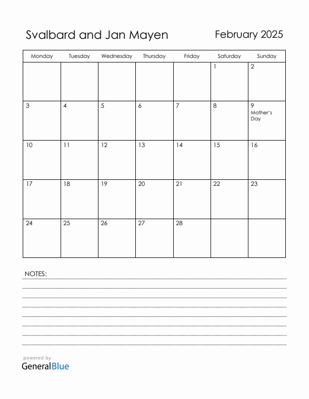 February 2025 Svalbard and Jan Mayen Calendar with Holidays (Monday Start)