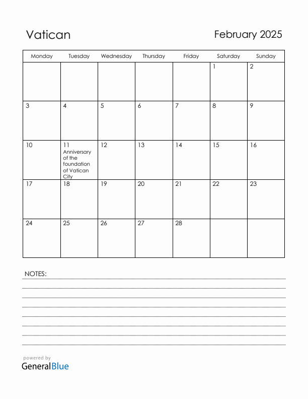 February 2025 Vatican Calendar with Holidays (Monday Start)