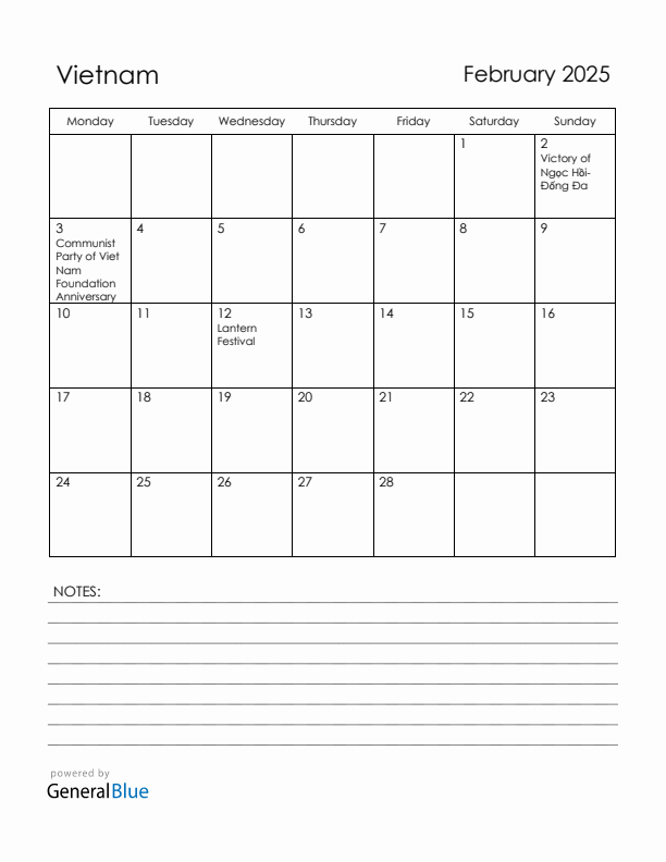 February 2025 Vietnam Calendar with Holidays (Monday Start)