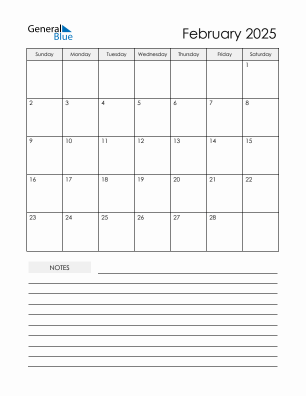 Printable Calendar with Notes - February 2025 