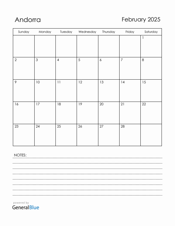 February 2025 Andorra Calendar with Holidays (Sunday Start)