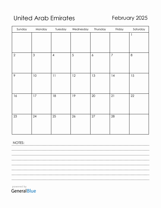 February 2025 United Arab Emirates Calendar with Holidays (Sunday Start)