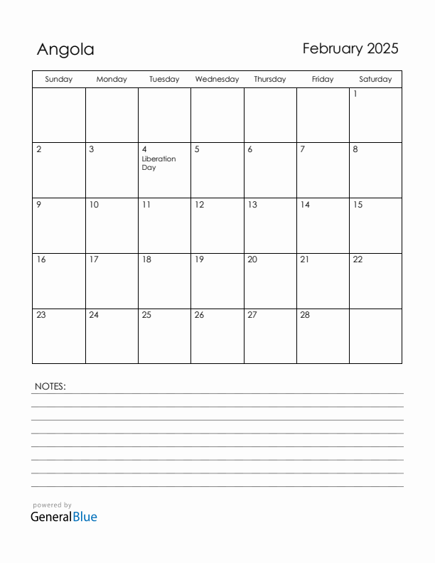 February 2025 Angola Calendar with Holidays (Sunday Start)