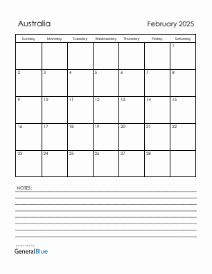 Current month calendar with Australia holidays for February 2025