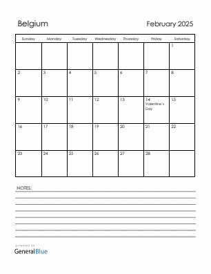 Current month calendar with Belgium holidays for February 2025