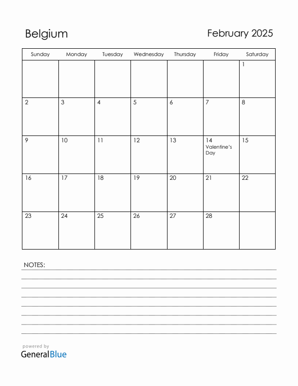 February 2025 Belgium Calendar with Holidays (Sunday Start)