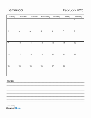 Current month calendar with Bermuda holidays for February 2025