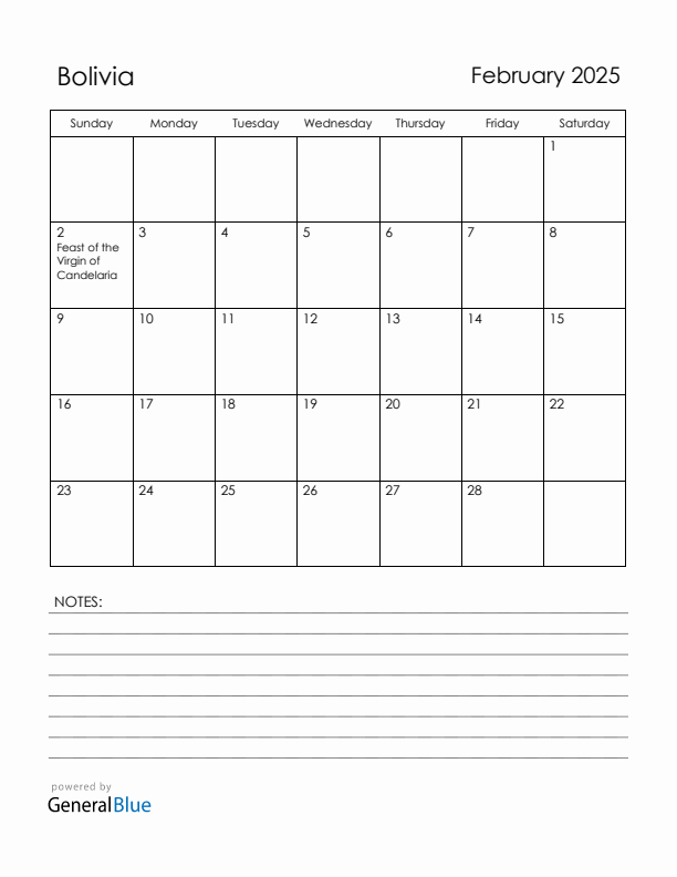 February 2025 Bolivia Calendar with Holidays (Sunday Start)