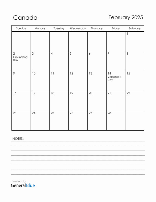 February 2025 Canada Calendar with Holidays (Sunday Start)
