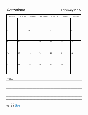 Current month calendar with Switzerland holidays for February 2025