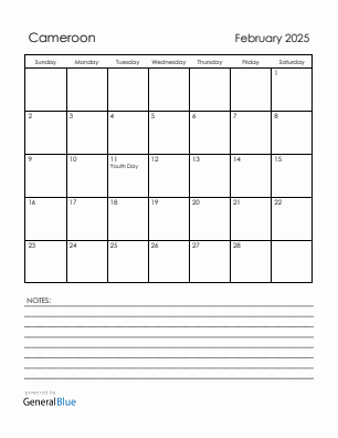 Current month calendar with Cameroon holidays for February 2025