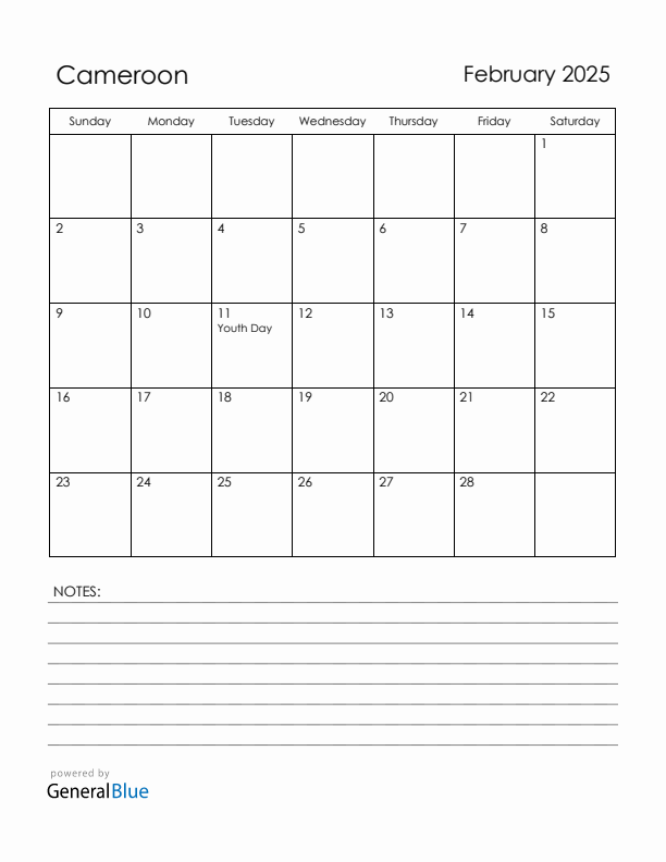February 2025 Cameroon Calendar with Holidays (Sunday Start)