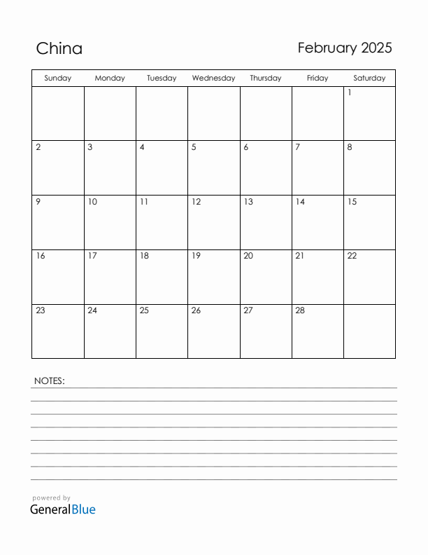 February 2025 China Calendar with Holidays (Sunday Start)