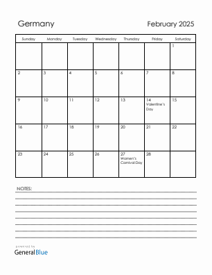 Current month calendar with Germany holidays for February 2025