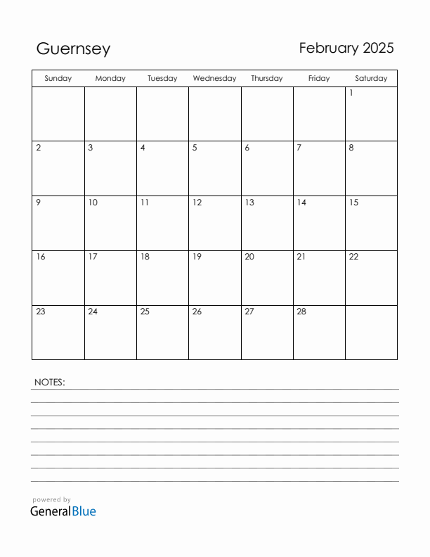 February 2025 Guernsey Calendar with Holidays (Sunday Start)