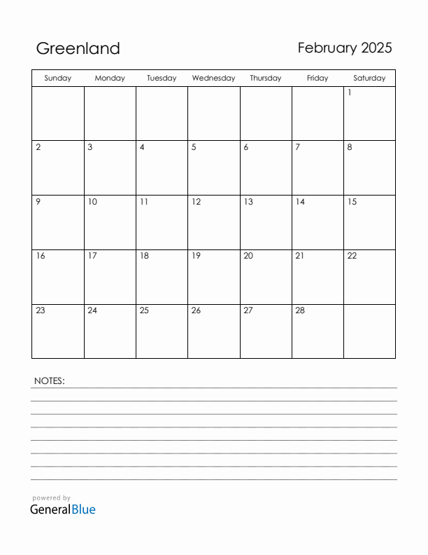 February 2025 Greenland Calendar with Holidays (Sunday Start)