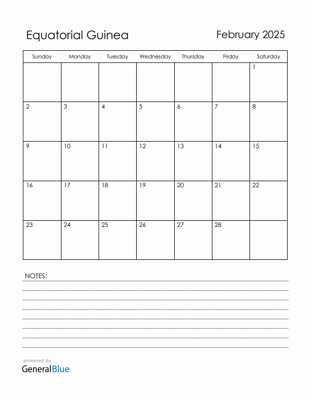 February 2025 Equatorial Guinea Calendar with Holidays (Sunday Start)