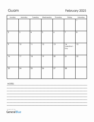 Current month calendar with Guam holidays for February 2025