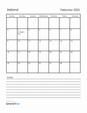 Current month calendar with Ireland holidays for February 2025