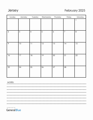 Current month calendar with Jersey holidays for February 2025