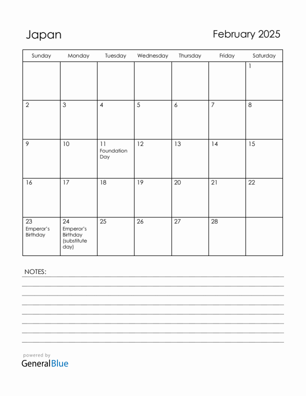 February 2025 Japan Calendar with Holidays (Sunday Start)