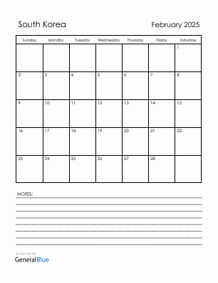 Current month calendar with South Korea holidays for February 2025