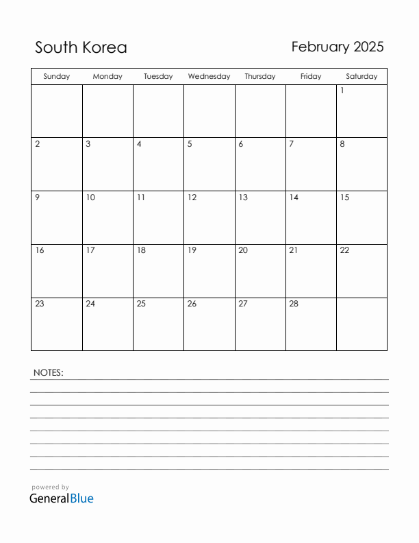 February 2025 South Korea Calendar with Holidays (Sunday Start)