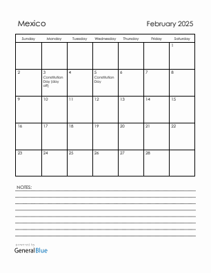 Current month calendar with Mexico holidays for February 2025