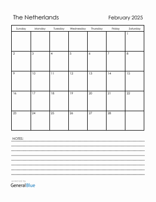 Current month calendar with The Netherlands holidays for February 2025