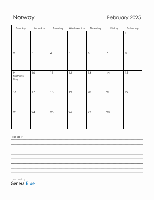 Current month calendar with Norway holidays for February 2025