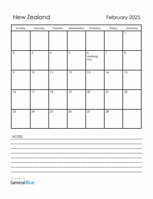 Current month calendar with New Zealand holidays for February 2025