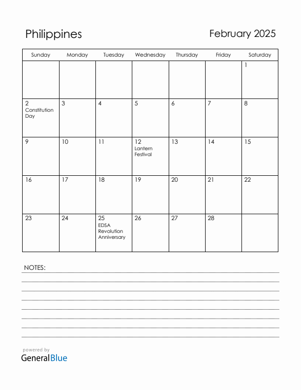 February 2025 Philippines Calendar with Holidays (Sunday Start)